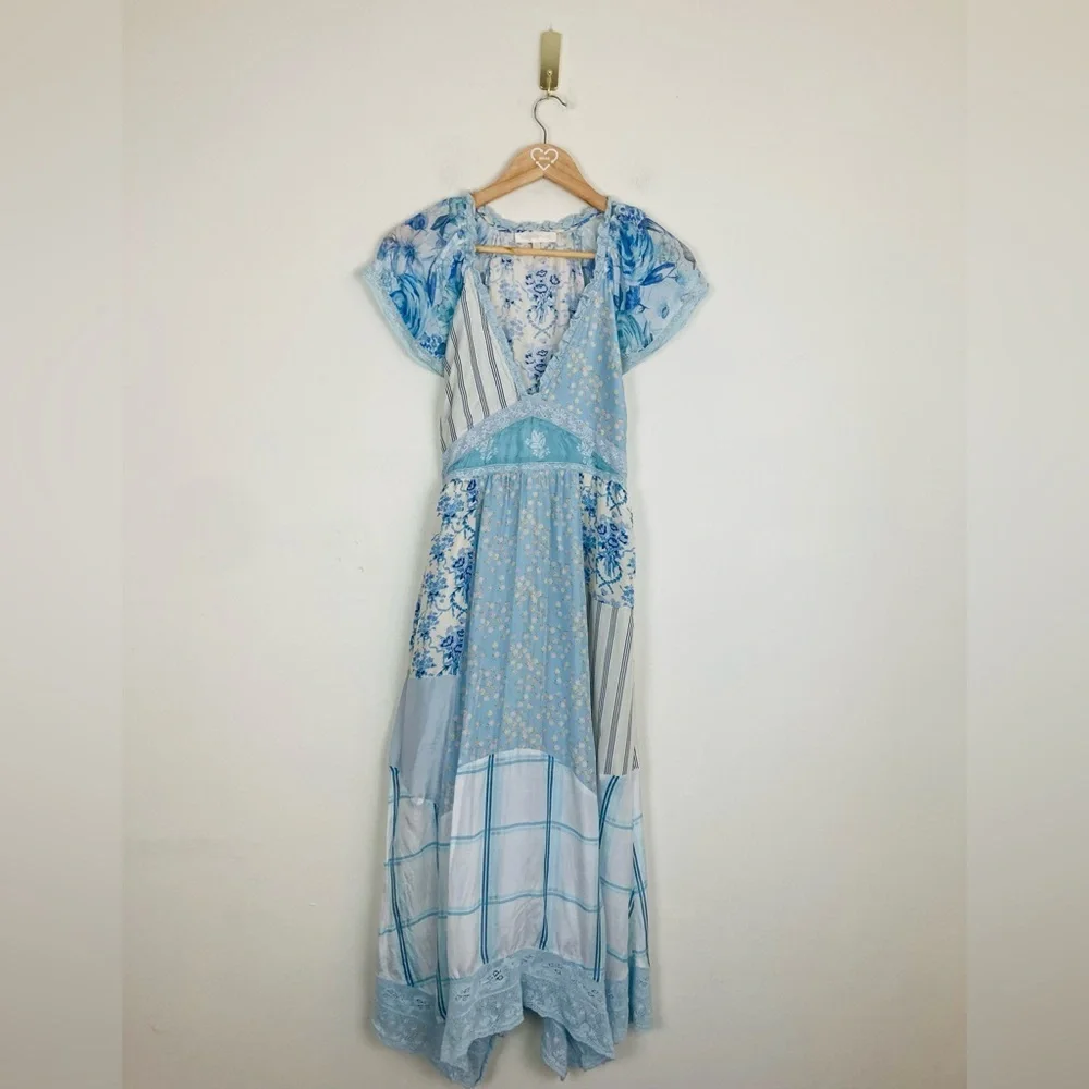 LoveShackFancy Tula silk patchwork midi dress with puff sleeve, lace trim. Sz 0 - Picture 3 of 9
